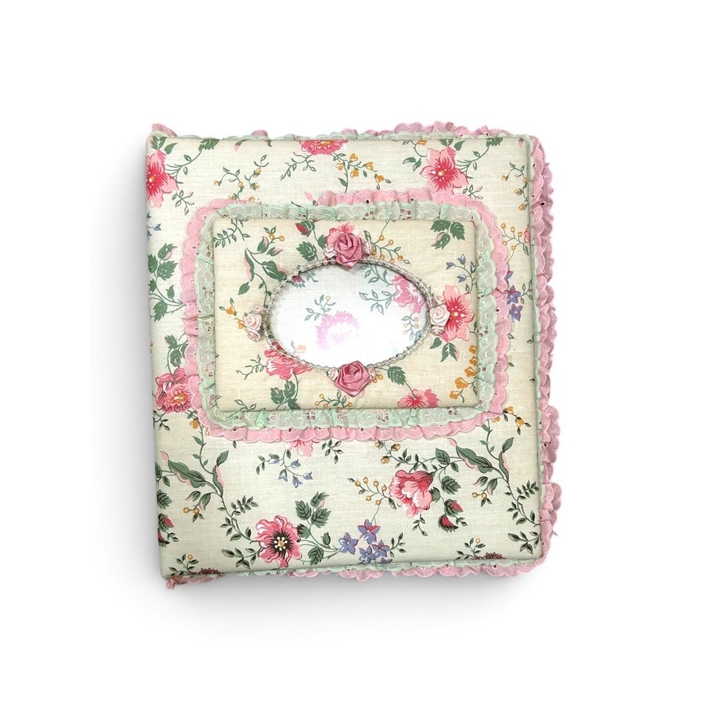 Vintage 1980s Handmade Fabric Photo Album Floral Oval Cover Photo Window